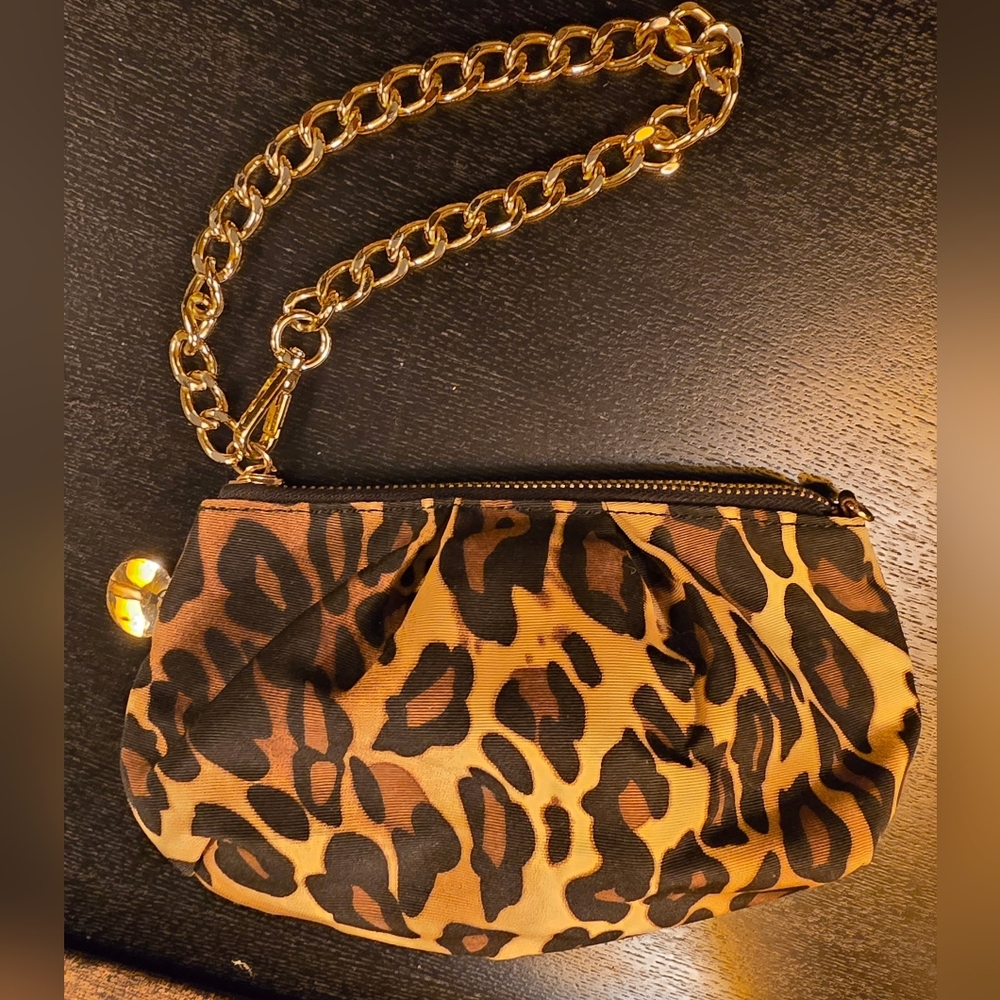 Chico's Leopard/Animal Print Gold Tone Chain Handle Wristlet/Bag
